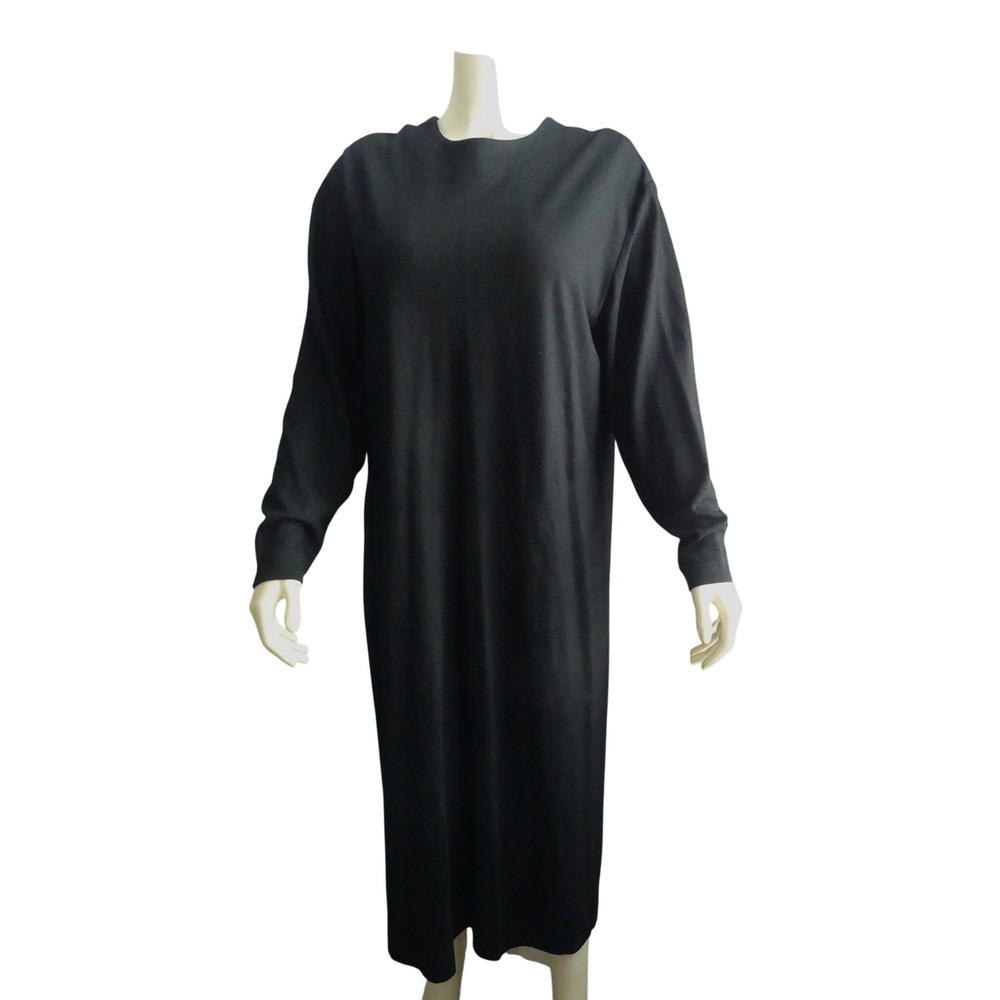 Lands End Black 100% Wool Maxi Dress Womens 18 Knit Vtg USA Lagenlook